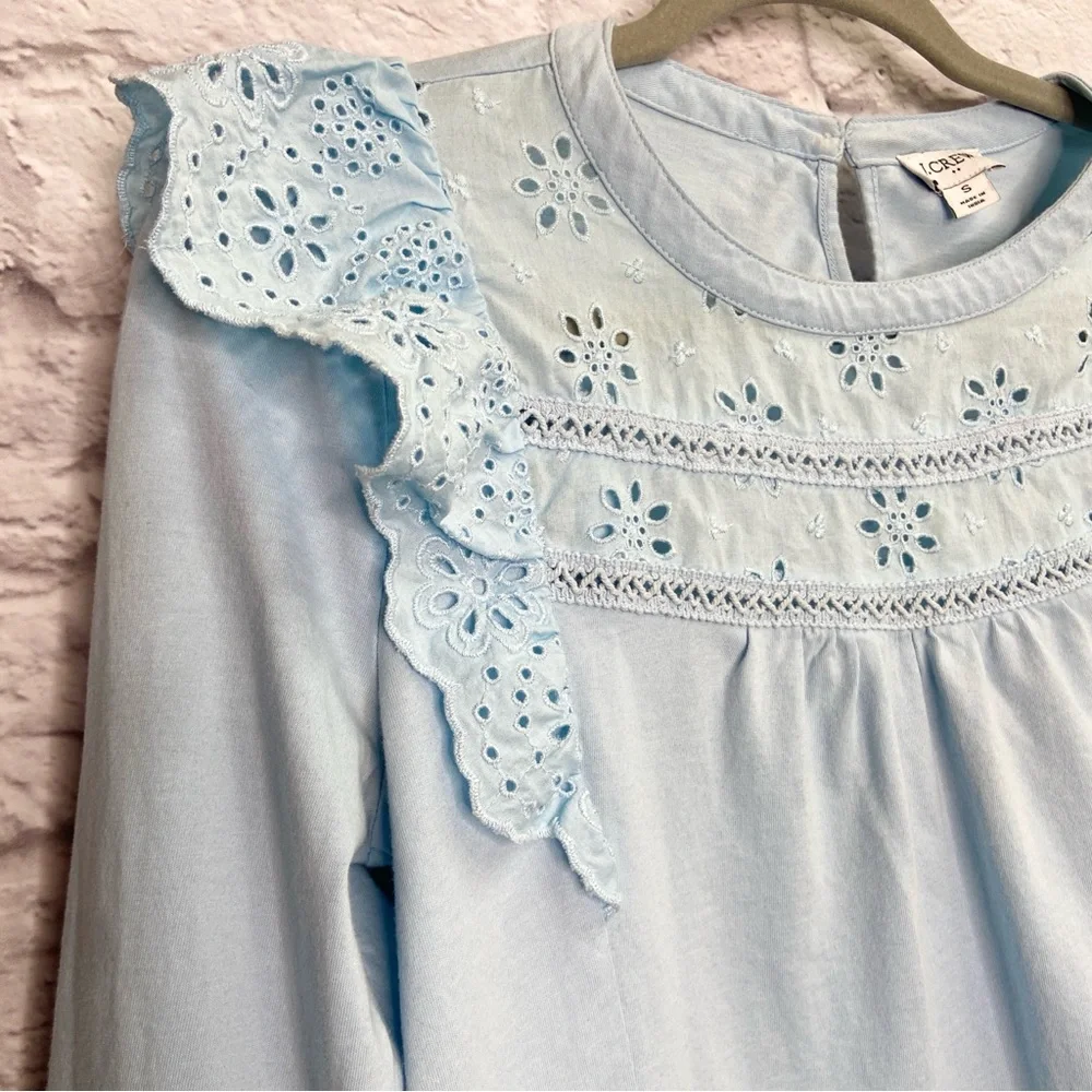 J Crew Womens Long Sleeve Eyelet Ruffle Top Size S Cotton Loose Pullover Blue